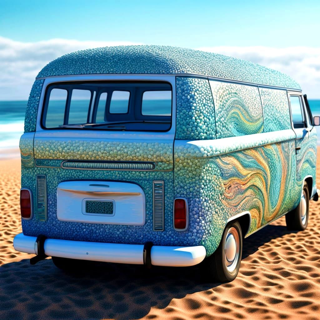 Pastel Pointillism Masterpiece with Shells and Surfboard