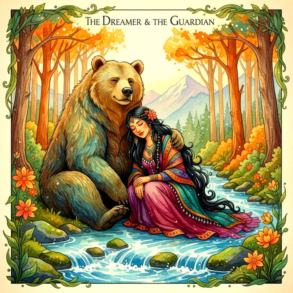 Fantasy Alcohol Ink Illustration of Bear and Woman