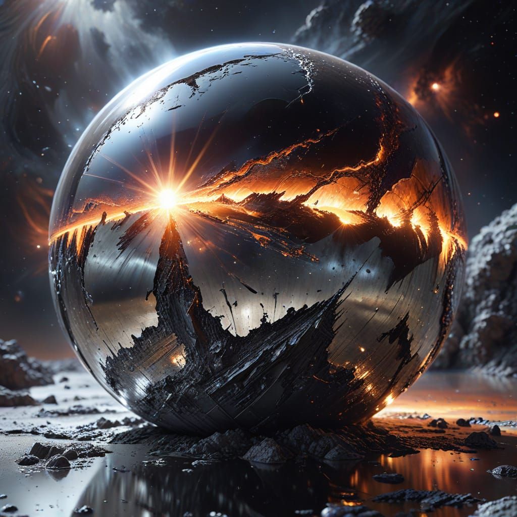 "A shining, Chrome Planet made entirely out of bright silver chrome" it is oozing molten silver metal into the galaxy ou...