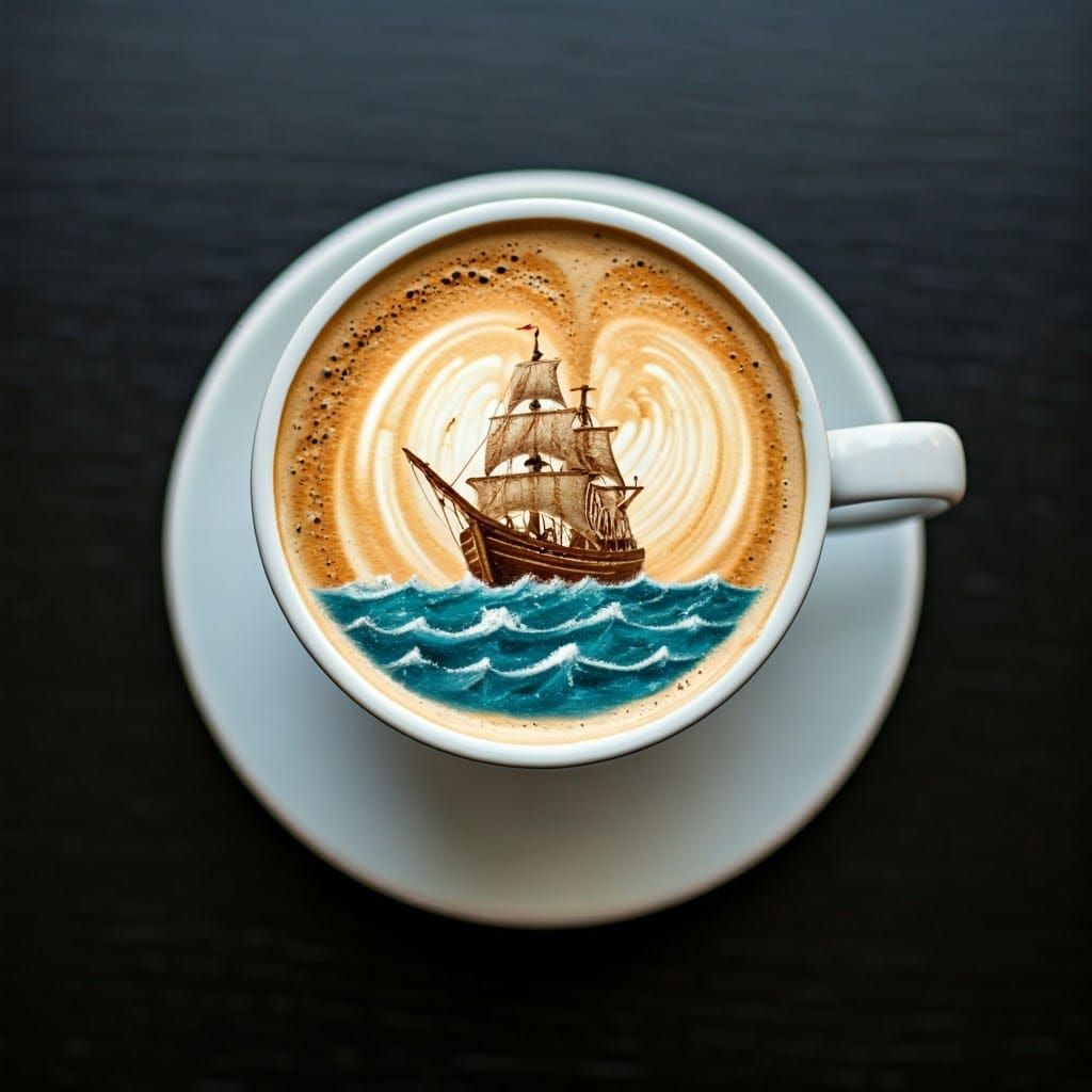Coffee Foam Ocean with Ship