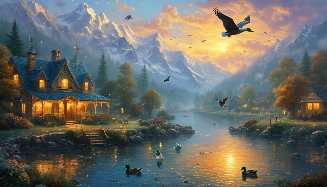 Ethereal Golden Hour Scene in Thomas Kinkade Style