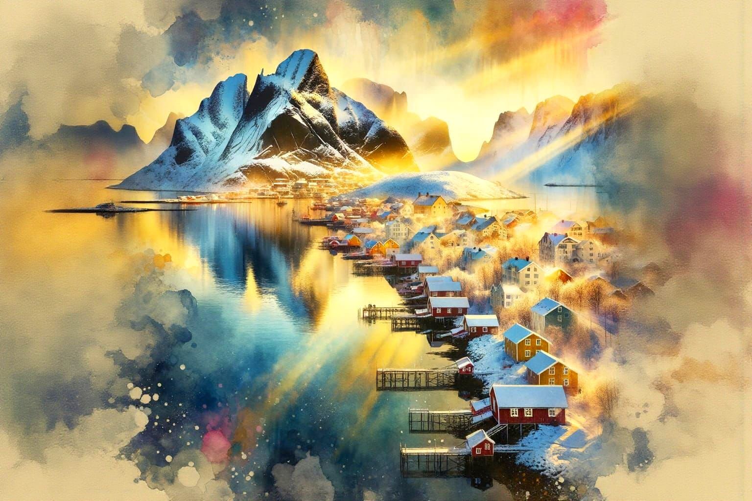 Snowy Norwegian Fjord Town in Impressionist Watercolour Styl...