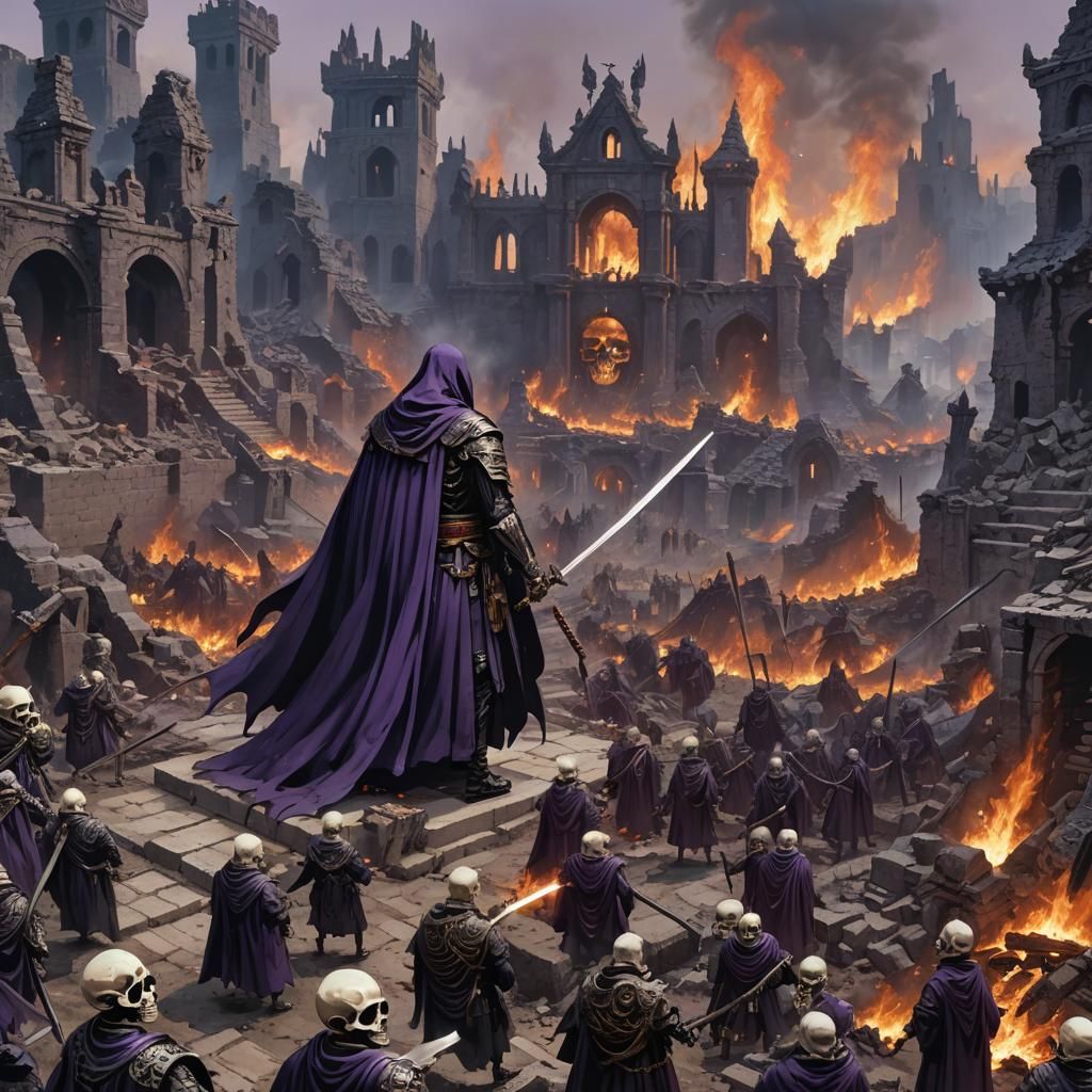 Skeletal Emperor Surveys Burning Village Ruins