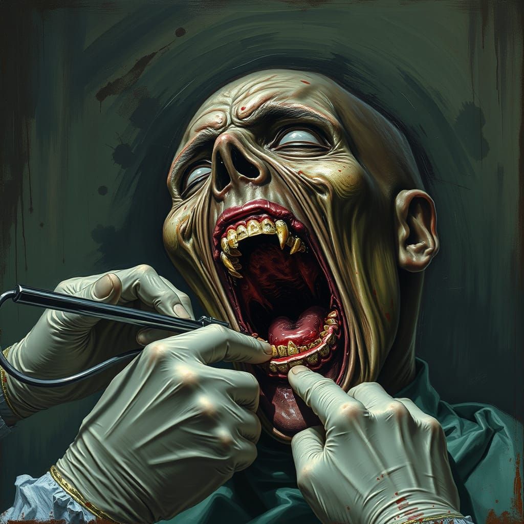 Nightmarish Dentist Extracting Tooth in Gouache Painting