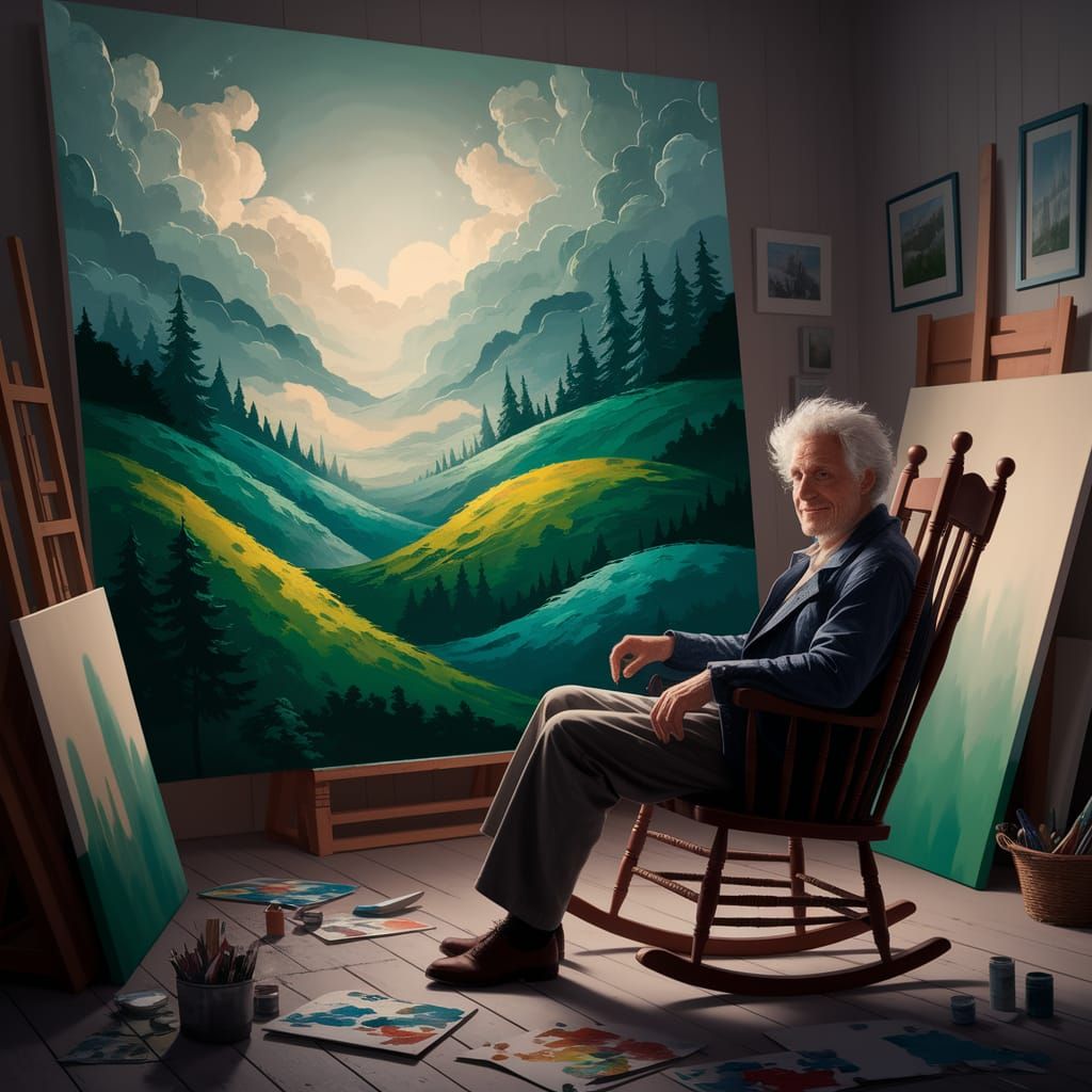Painter in Studio Admiring Landscape Art