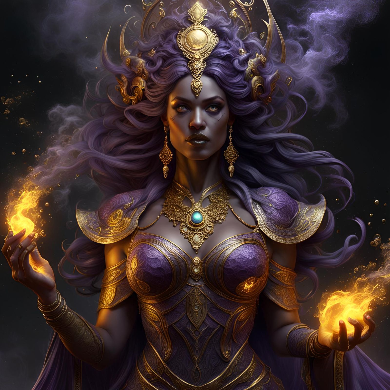 Majestic Dark Goddess in Liquid Gold Splendor
