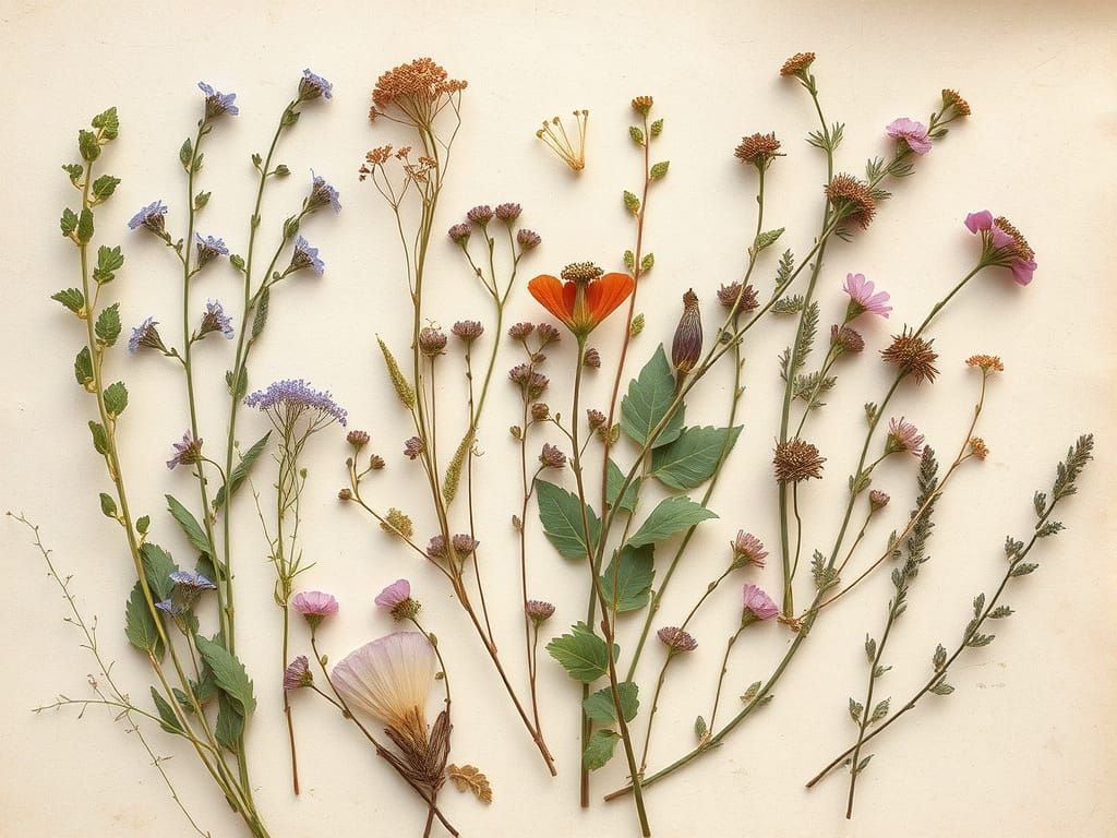 Botanical Plate of Pressed Herbs and Wildflowers