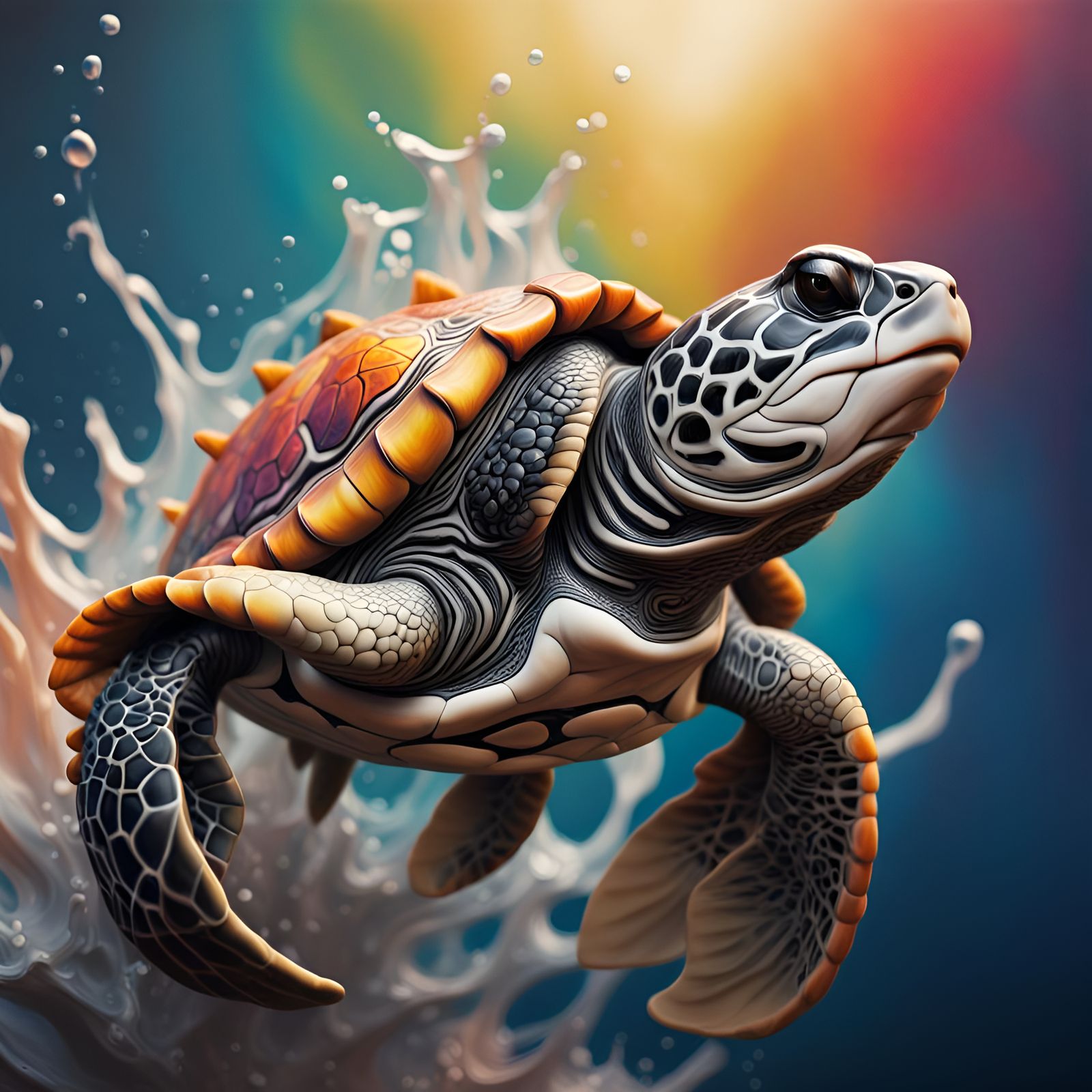 Hyperrealistic Turtle in Black and White Splash Art