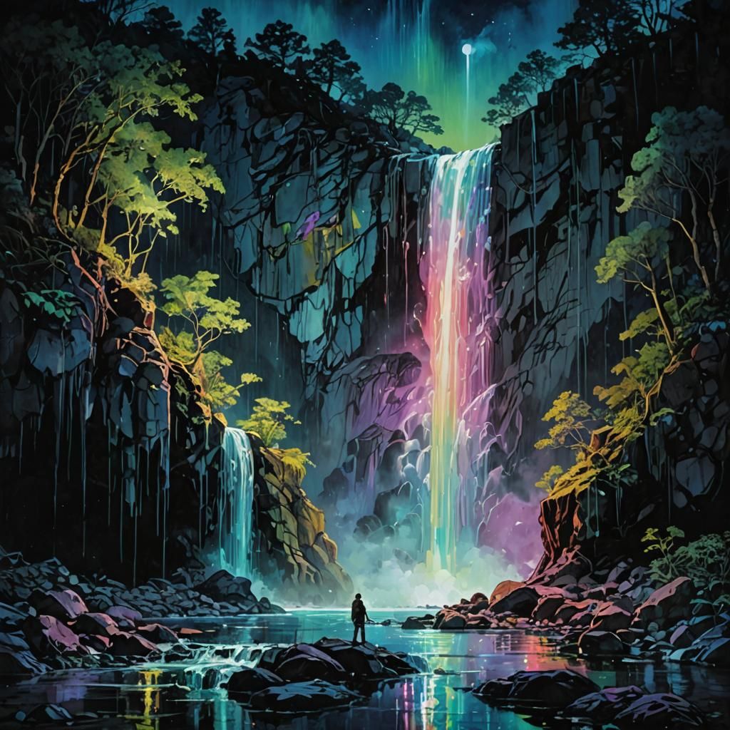 Iridescent Neon Waterfall in High Fantasy Style