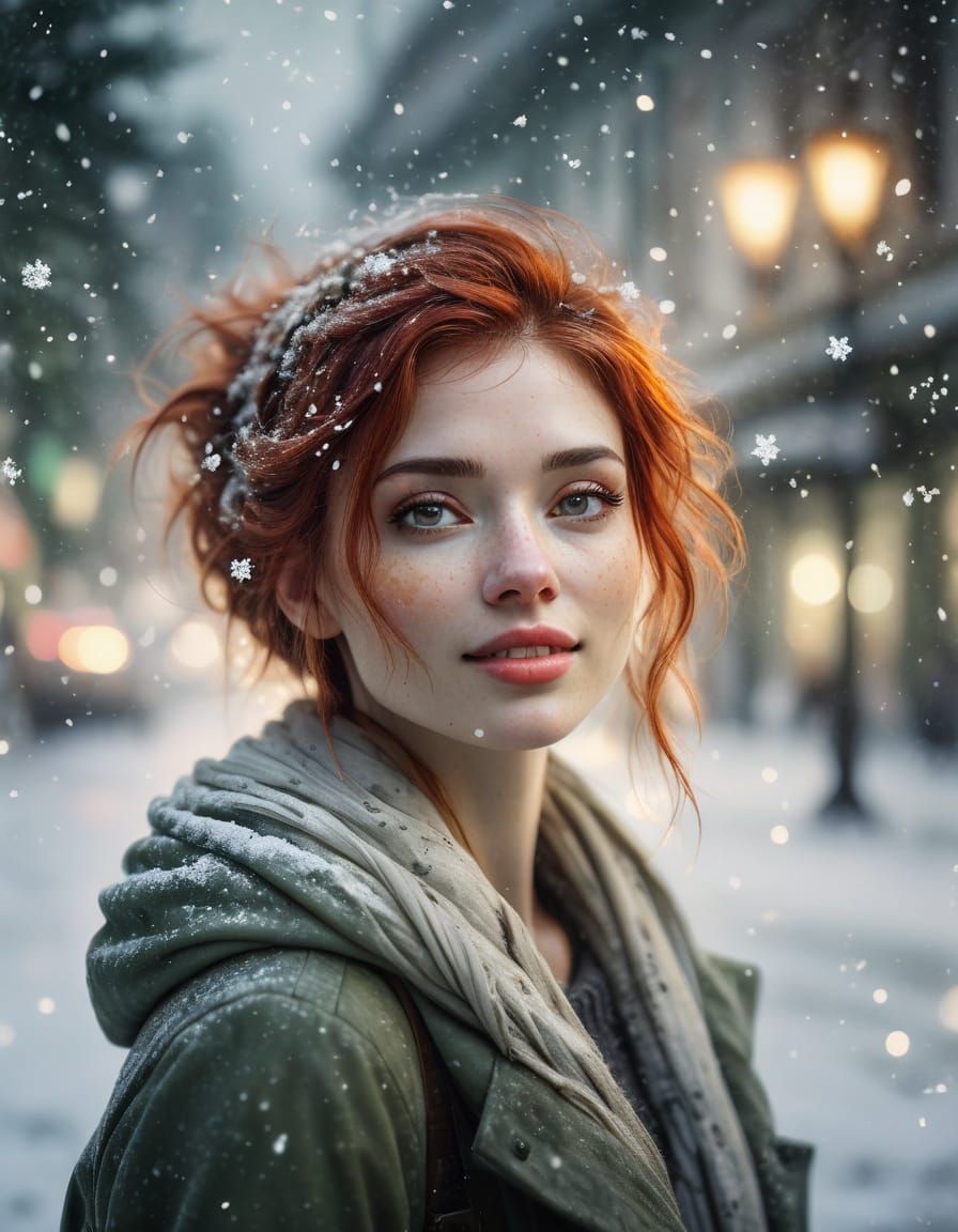 Romantic Realism Watercolor: Woman in Snow