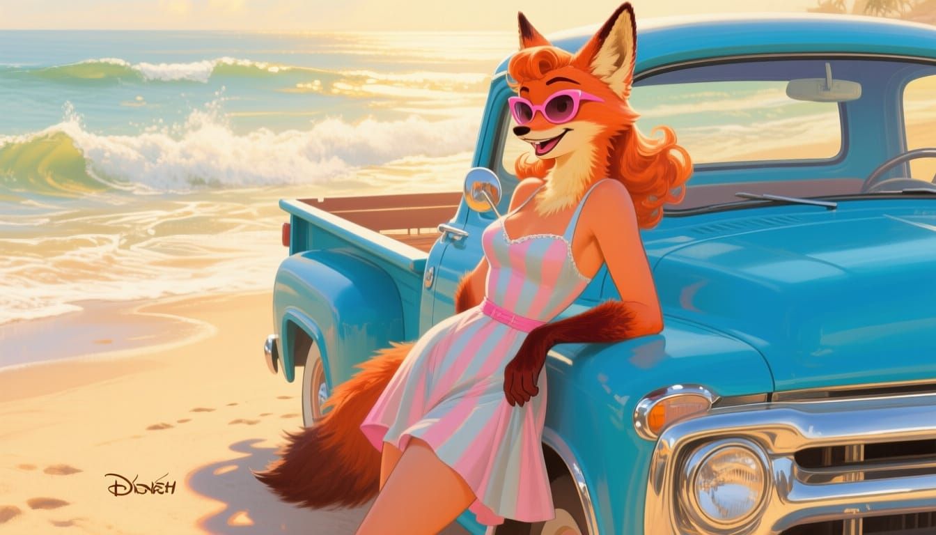 Fox Girl on Beach in Pin-Up Style