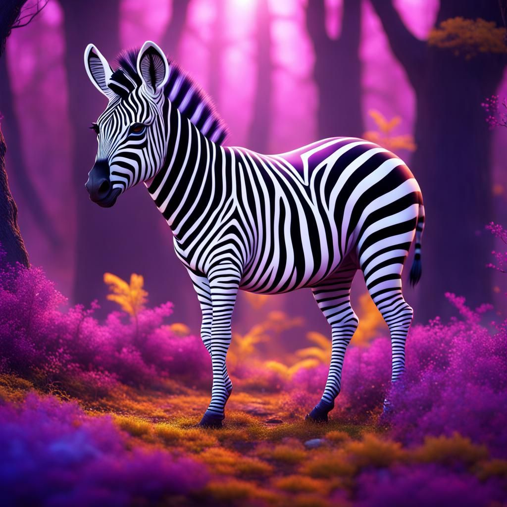 Rainbow Zebra in Purple Forest: Fantasy Art