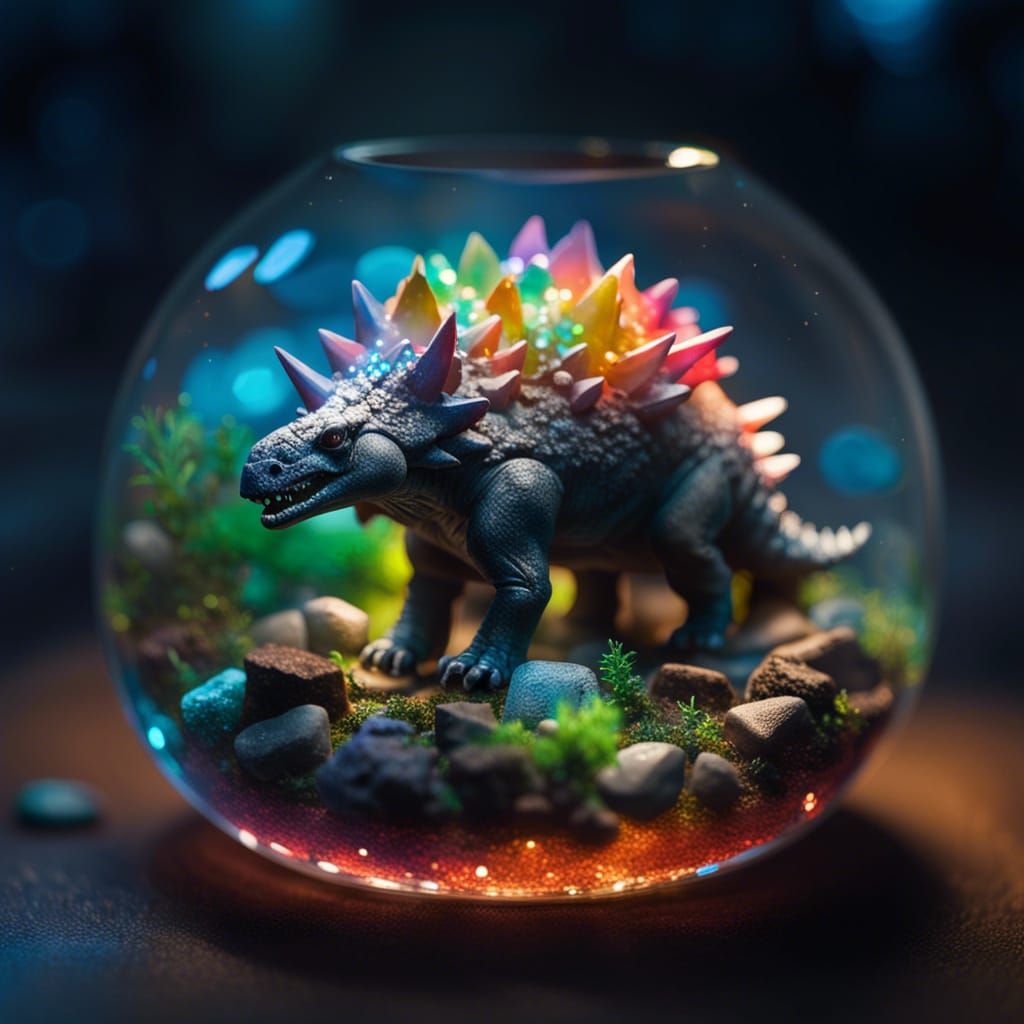 Ghost Stegosaurus in Terrarium: Tilt-Shift Illustration