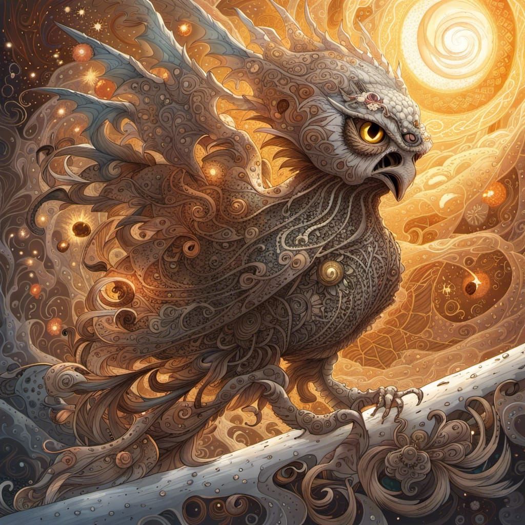 Owl God in Fractal Radiance with Origami Details