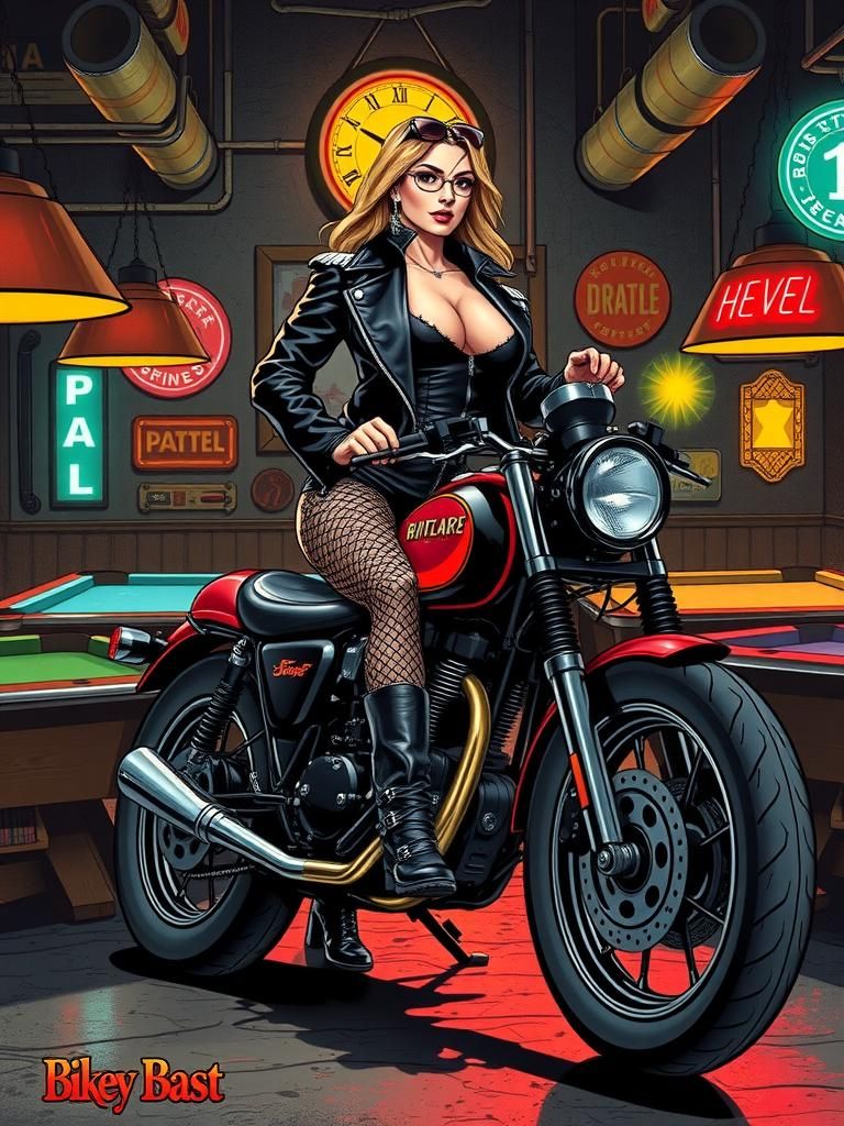 Biker Babe Poses in Dive Bar, Comic Book Style