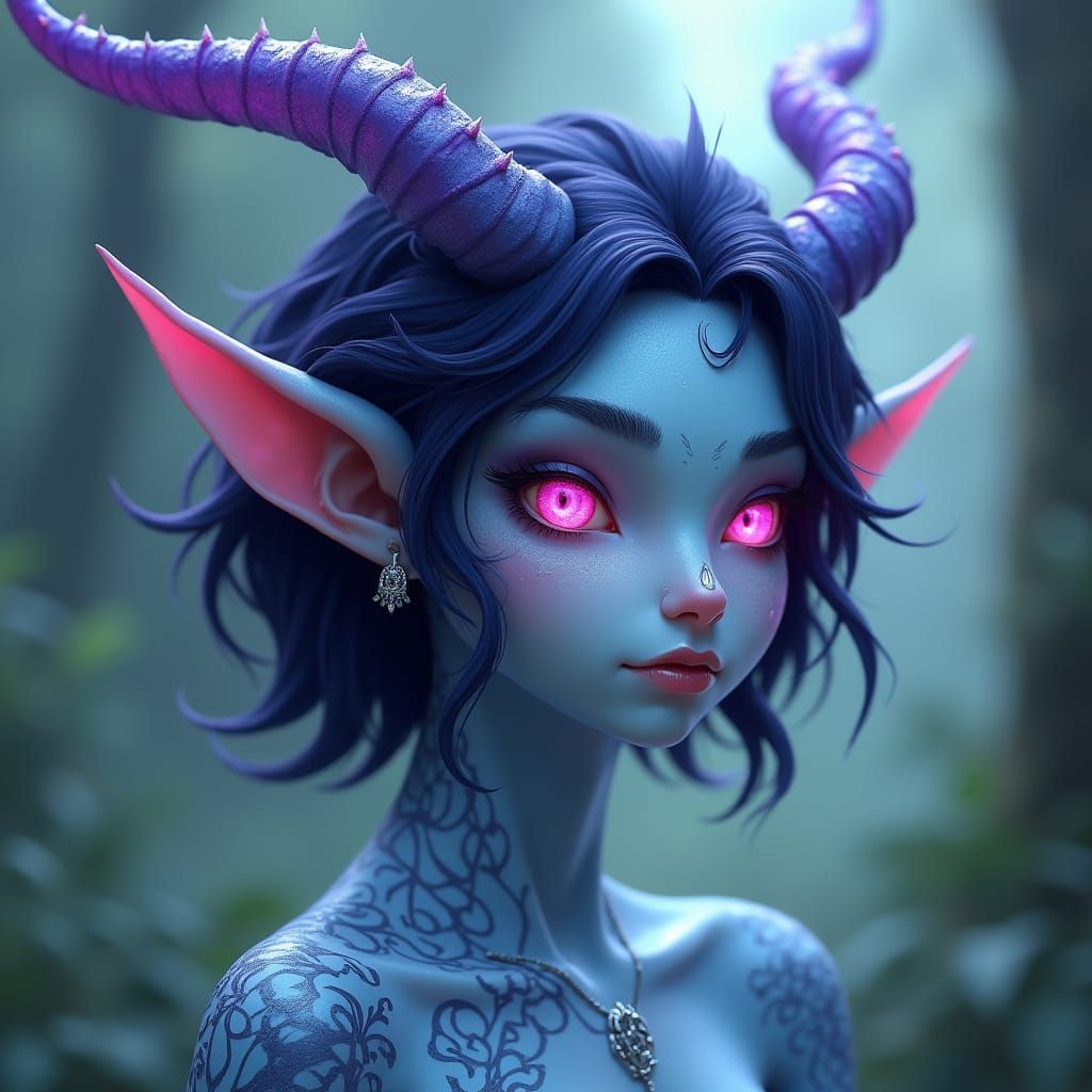 Whimsical Light Blue Tiefling with Dark Patterns and Enchant...