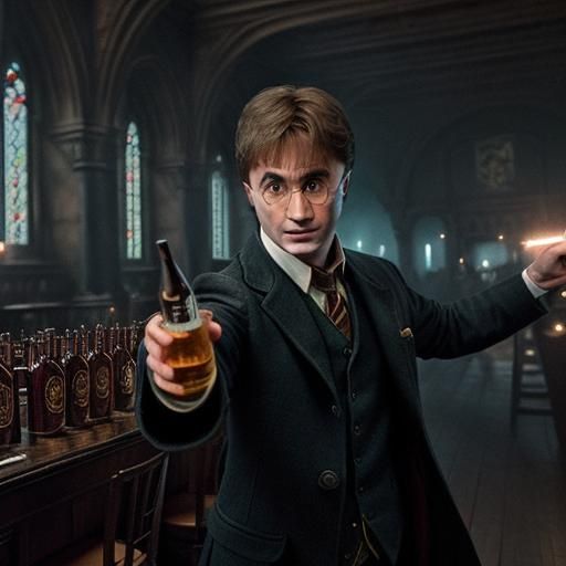 Hyperrealistic Harry Potter with Shotgun and Beer