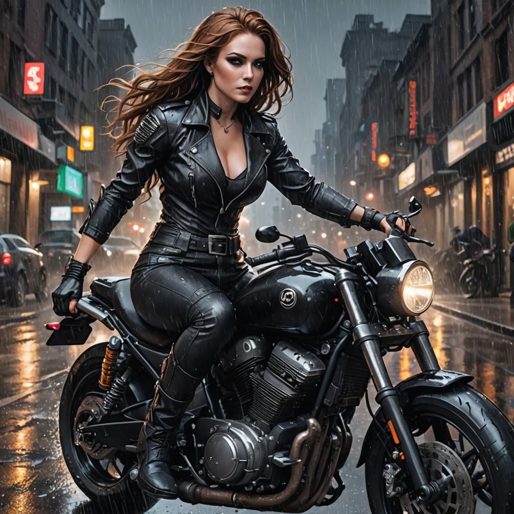 Goth Bodybuilder on Motorcycle in Gritty Cityscape
