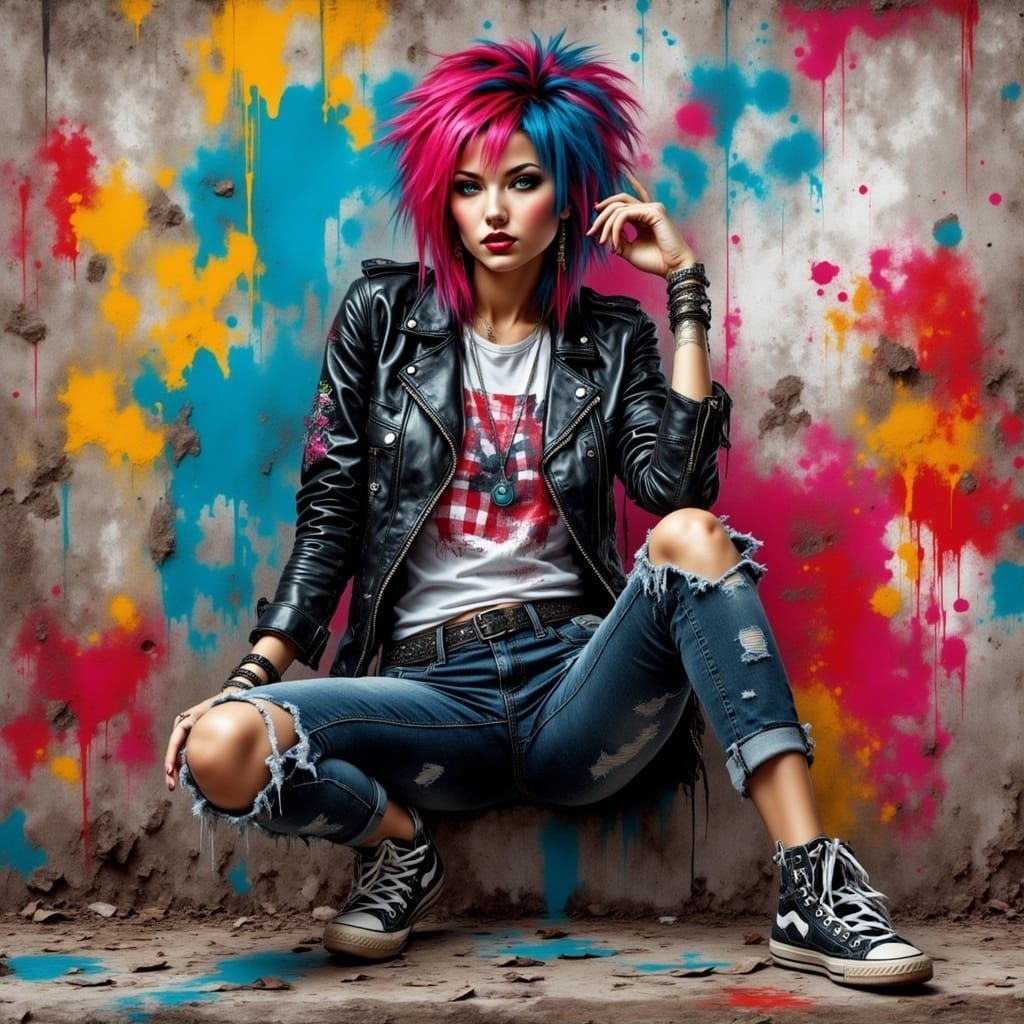 Energetic Punk Girl Posing with Graffiti Art