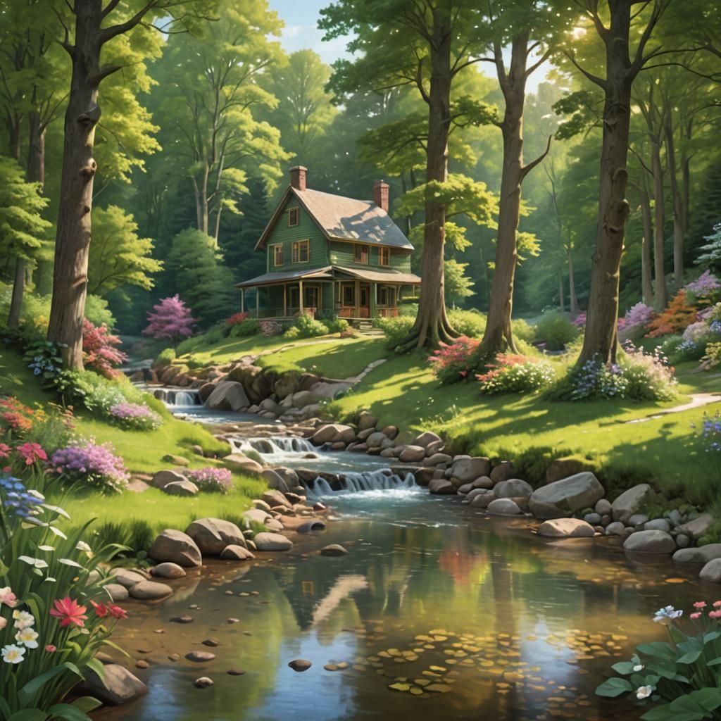 House by Stream in Lush Landscape
