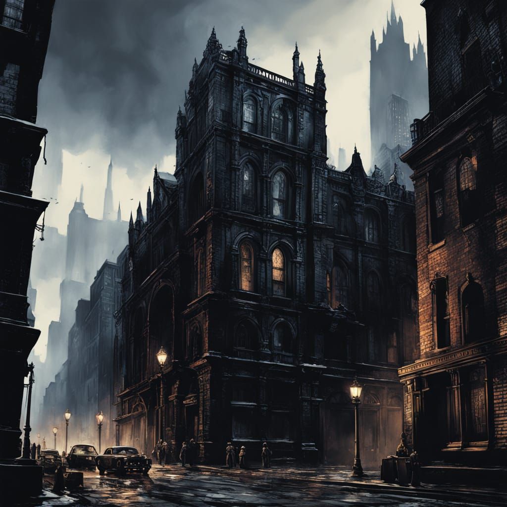 Gothic Gotham Cityscape in Watercolor