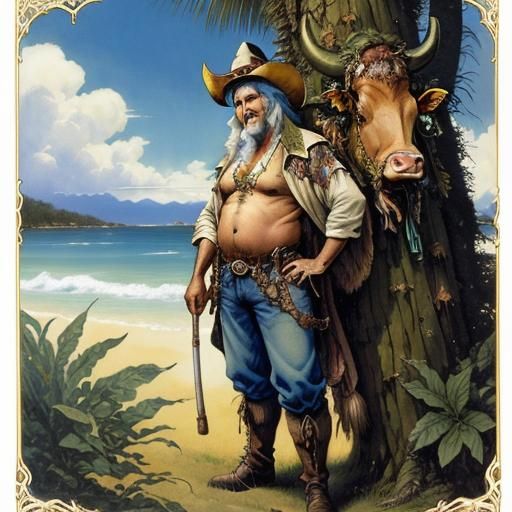 Festive Farmer and Decorated Cow in Fantasy Art Style