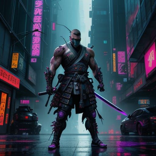 Cyberpunk Samurai Leaps Between Neon Skyscrapers