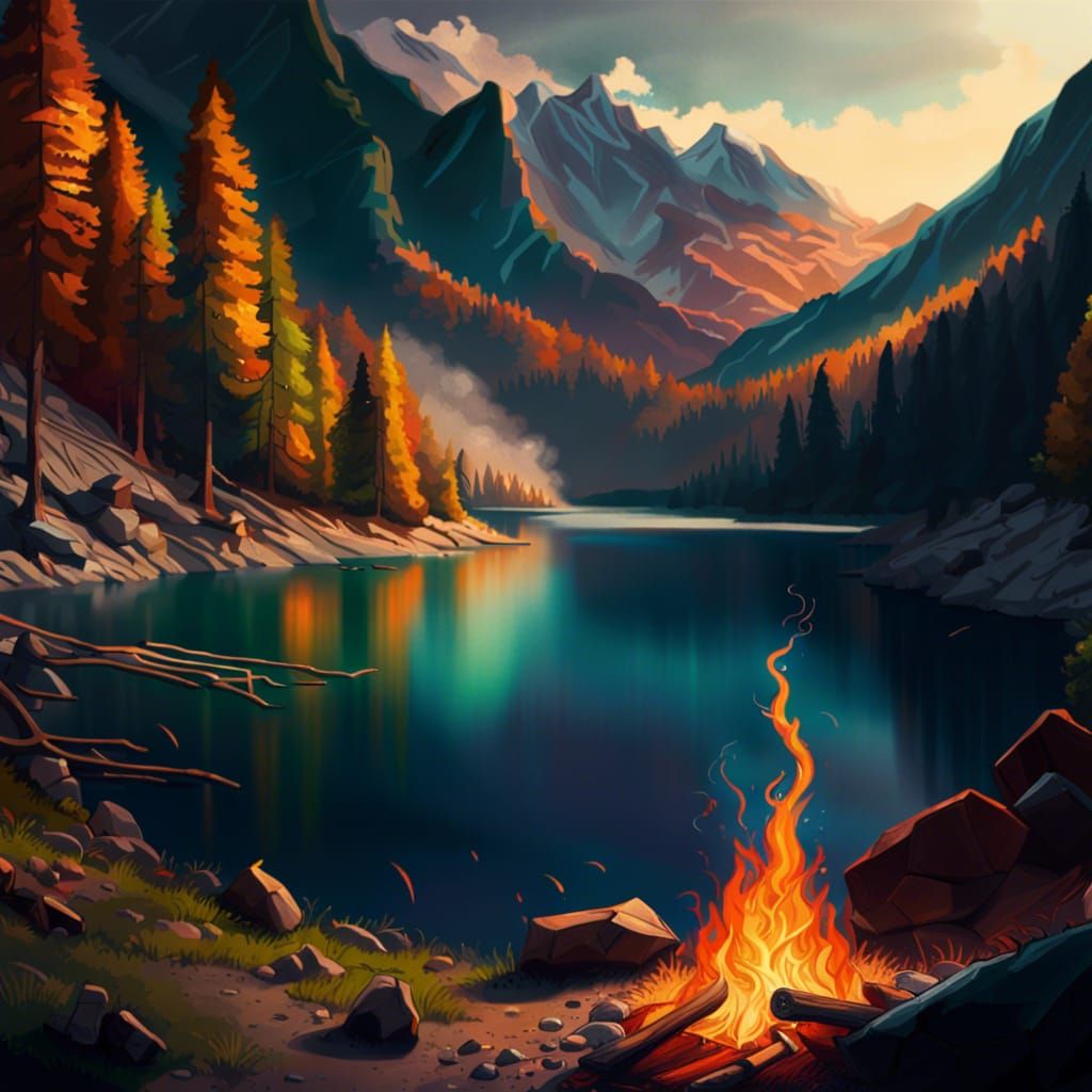 Valley Lake Campfires at Night: Hyperrealistic Splash Art