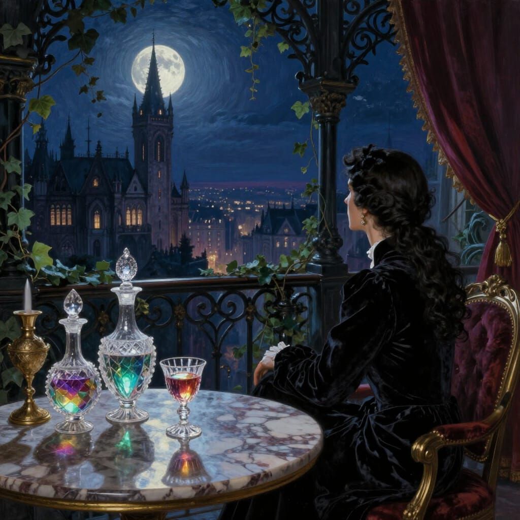 Gothic City Overlook with Elegant Figure