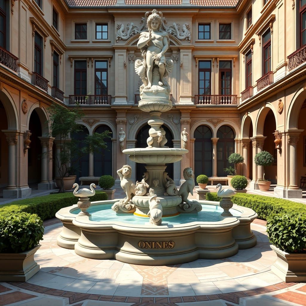 Ornate Marble Fountain in European Courtyard