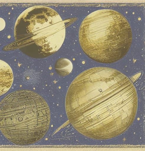 Steampunk Planets and Moon in Impasto Style