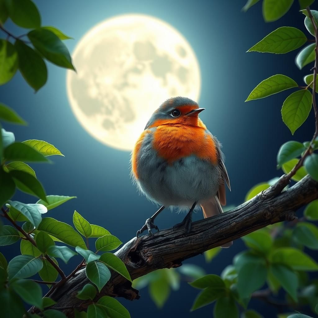 Robin Perched on Branch Under Moonlight, 3D Render