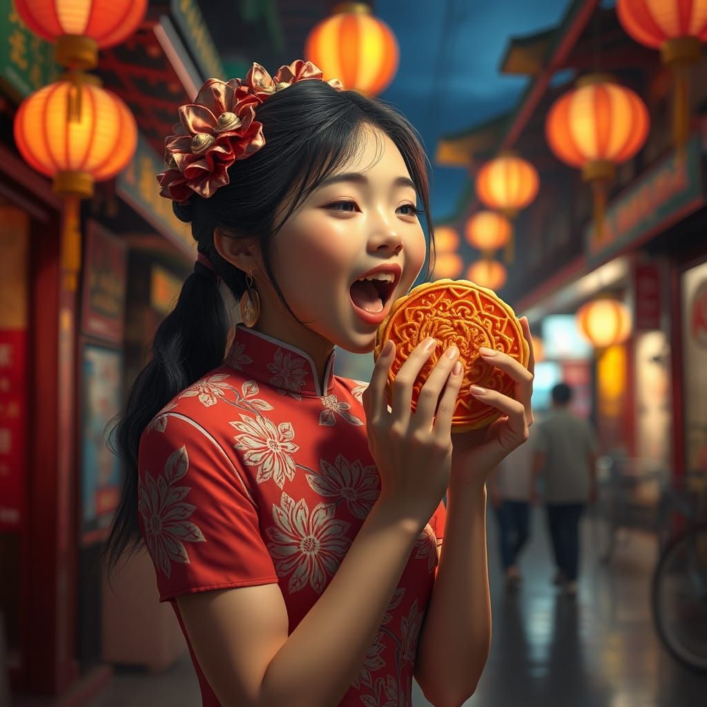 Girl in Cheongsam Eating Mooncake in Chinatown