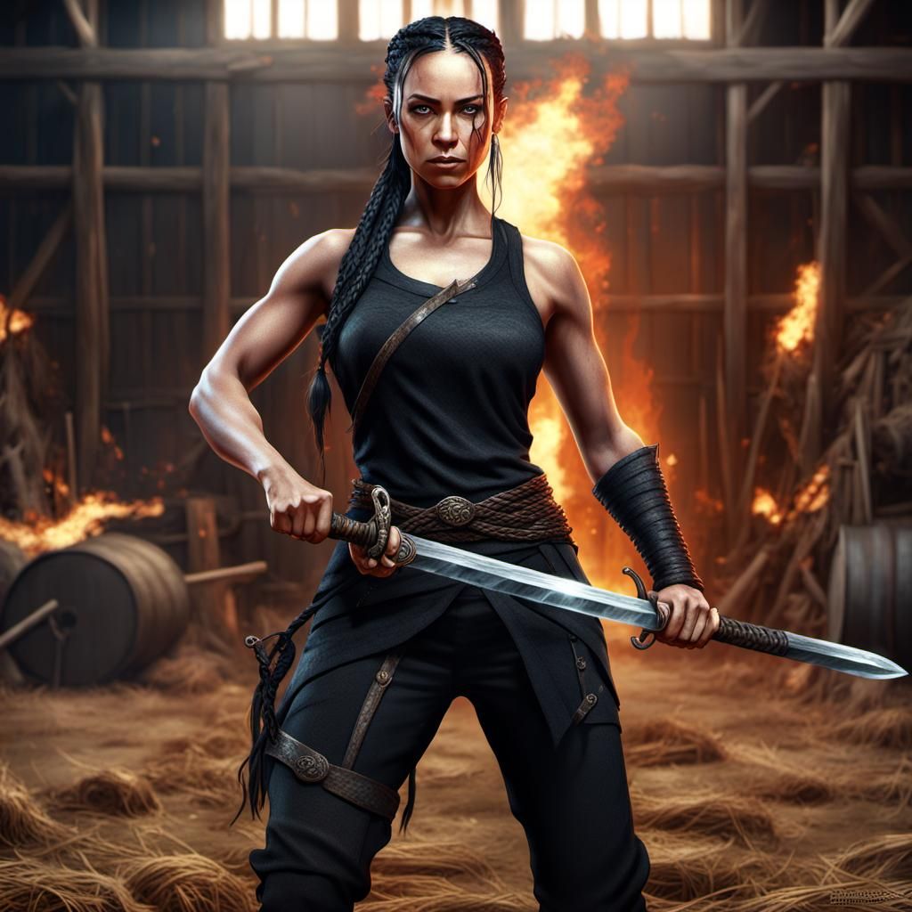 Apprentice Warrior in Burning Barn, Detailed Matte Painting