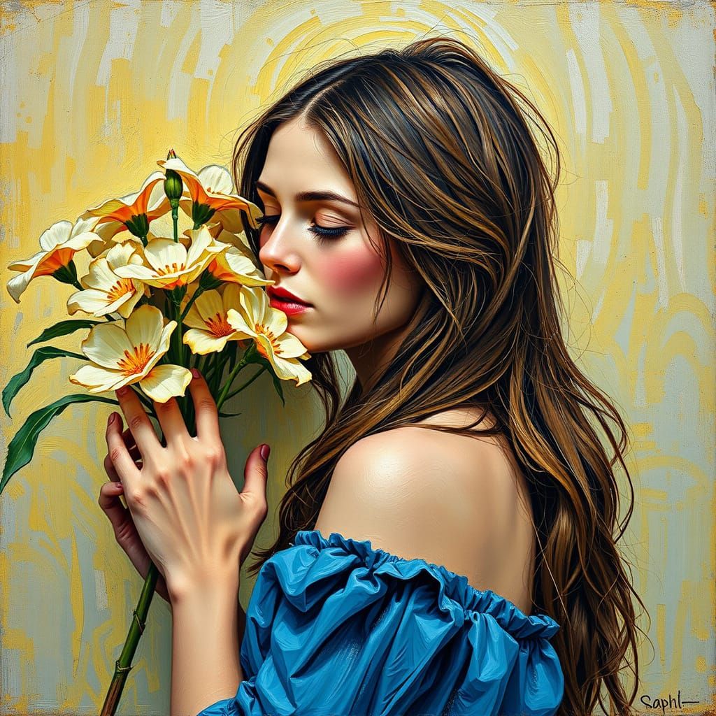 Beautiful Woman in Azure Blue Gown with Wildflowers, Inspire...