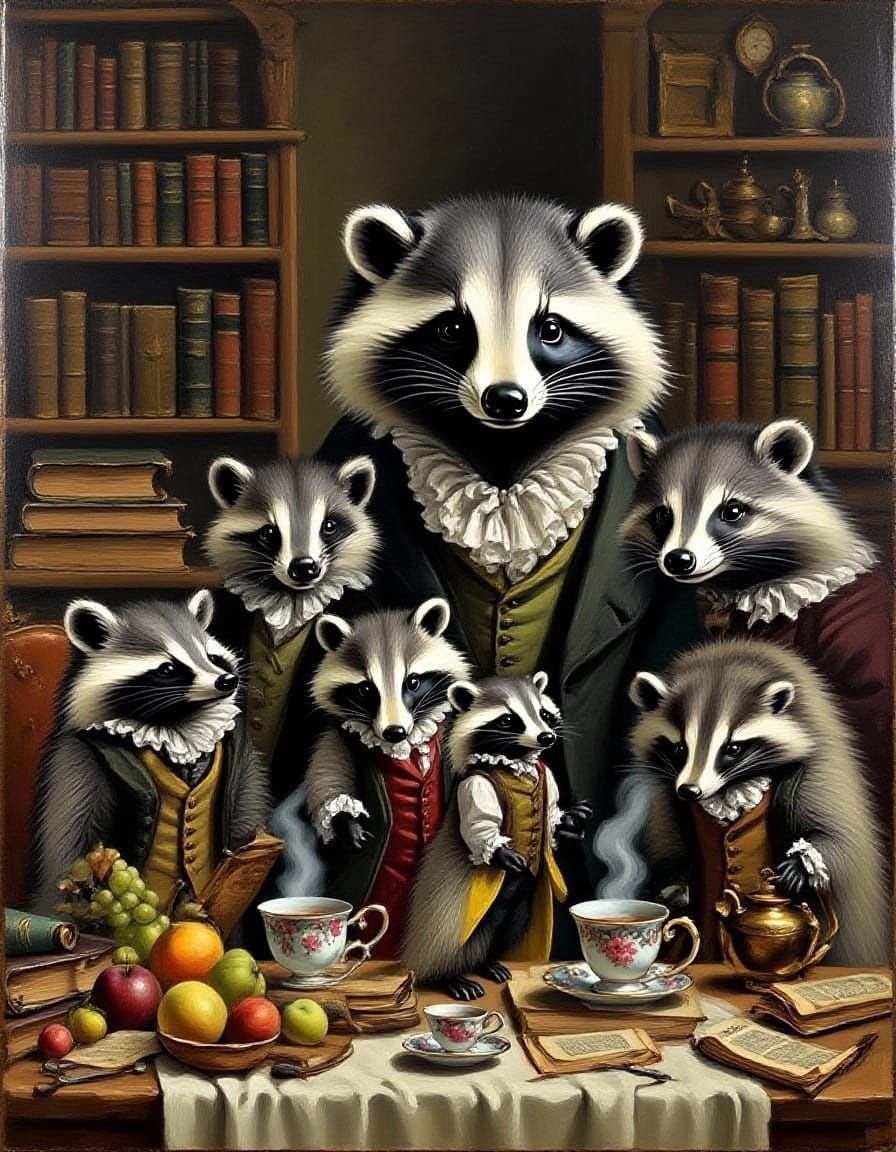 Victorian Badgers in Cozy Study, Oil Painting Style