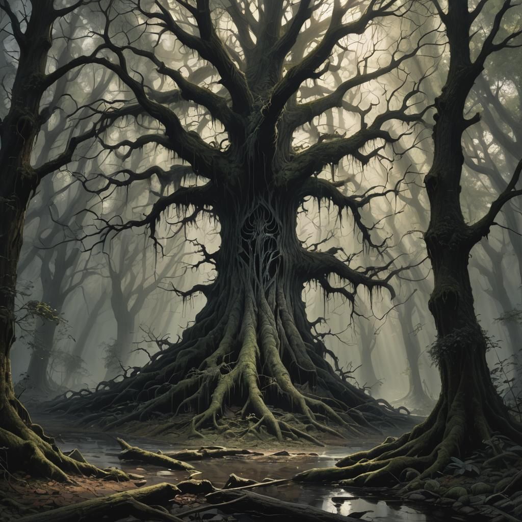Sinister Tree in Shadowed Forest, Digital Painting