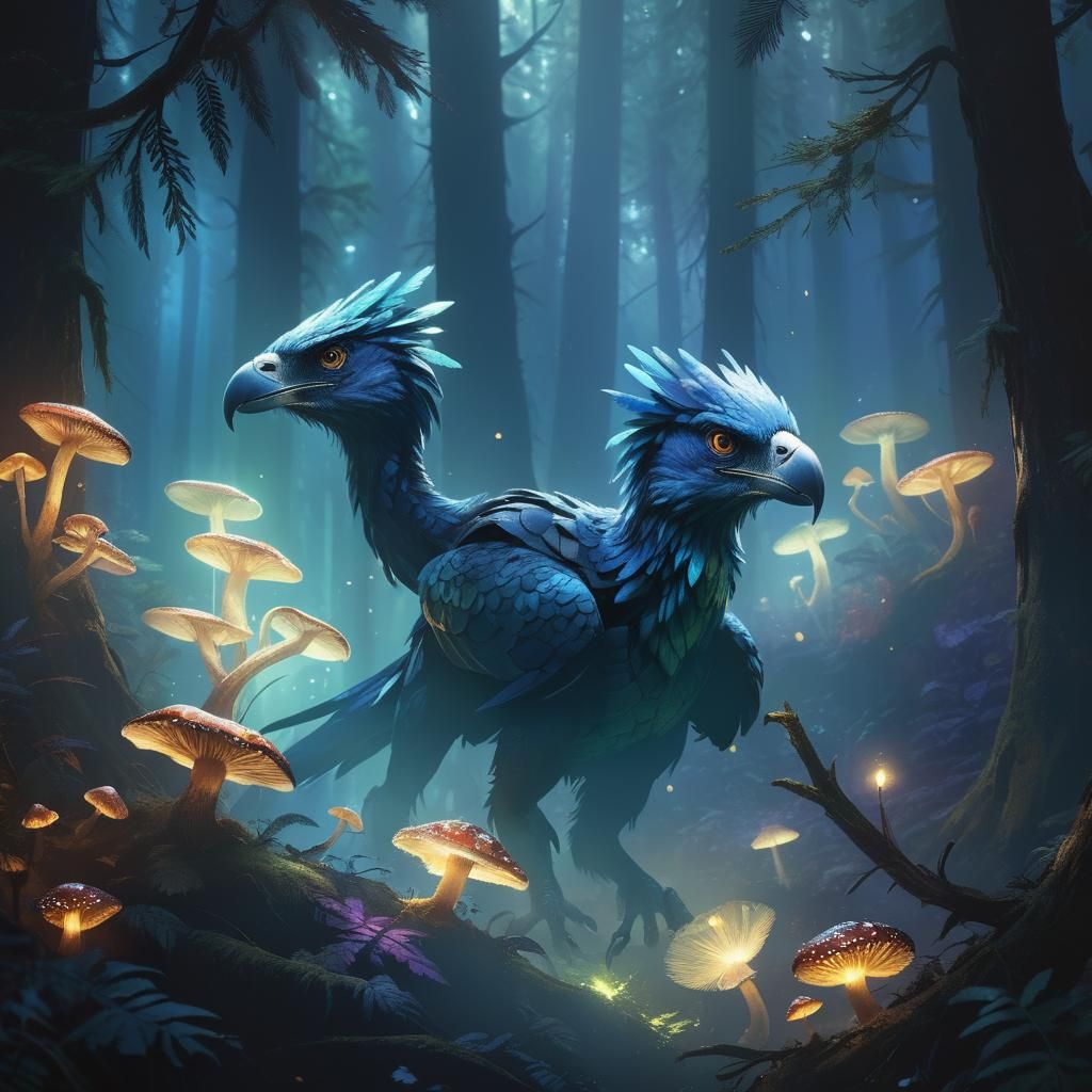 Feathered Raptors Roam Mystical Forest: Digital Matte Painti...