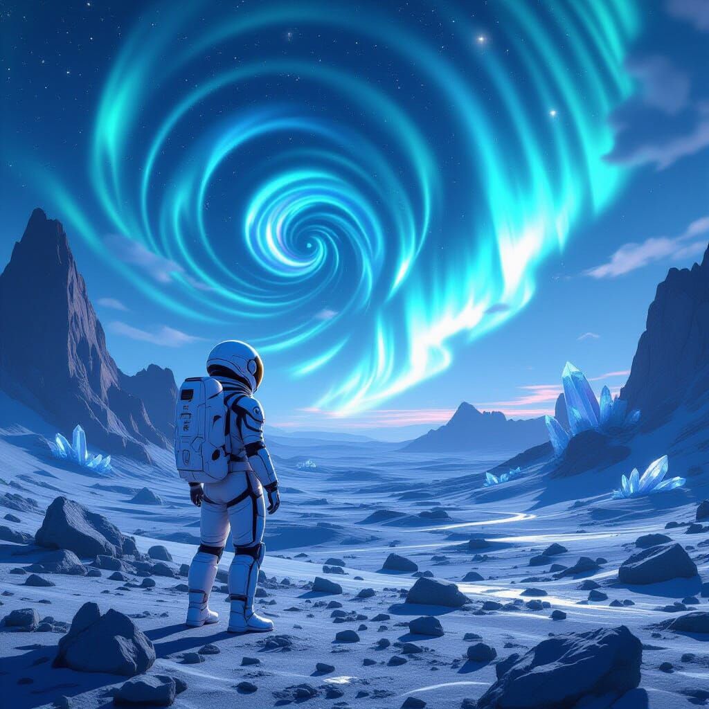 Astronaut Gazes at Alien Sky in 3D Anime Style