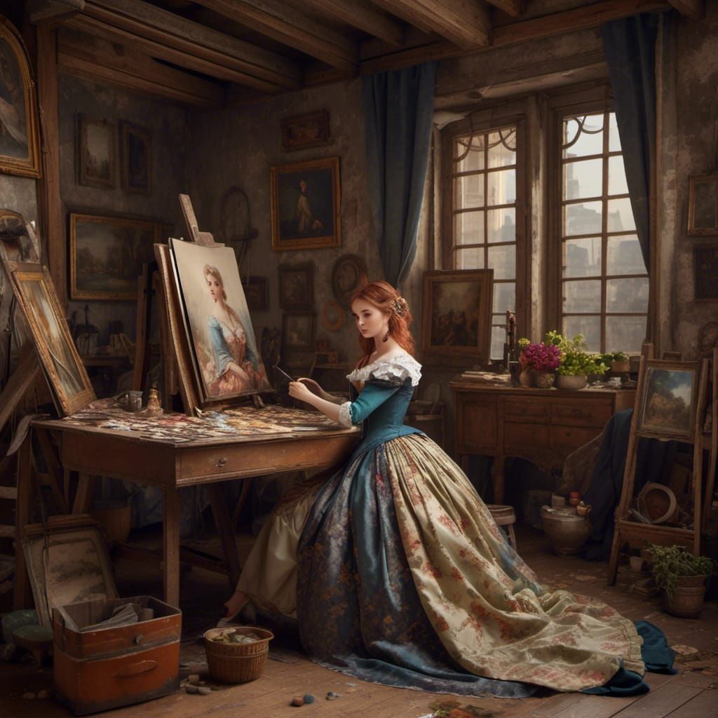 Elegant 18th Century Woman Posing in Artist's Studio