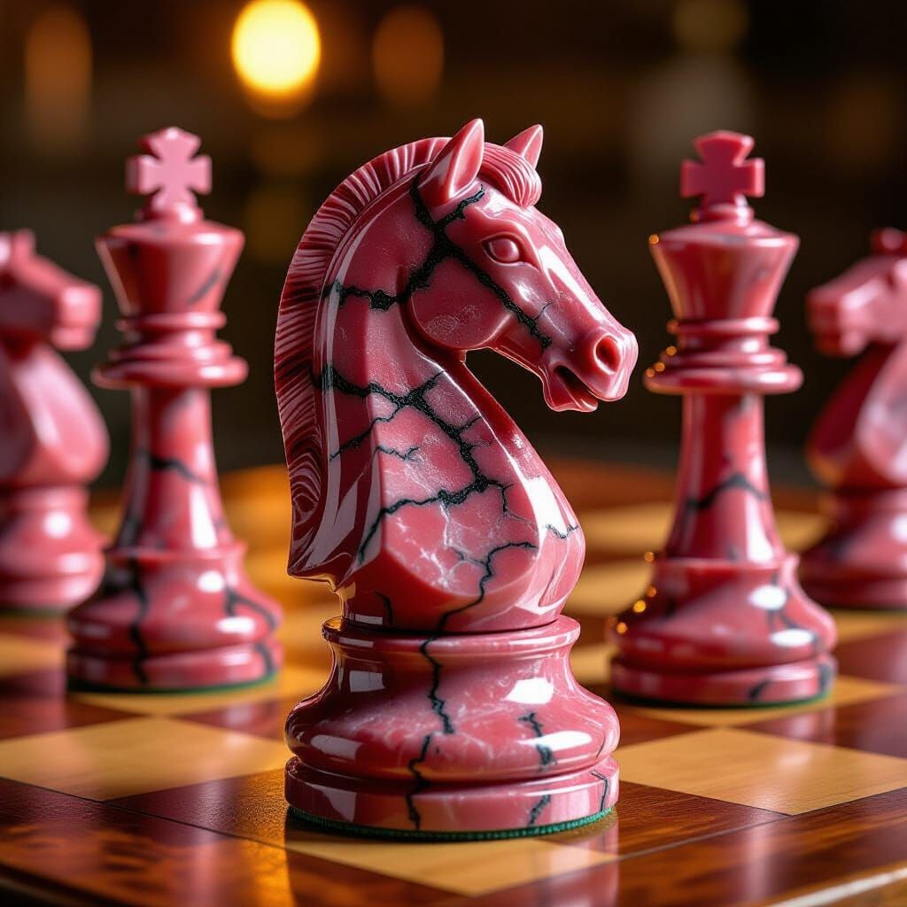 Rhodonite Chess Knight Close-Up: Elegant Stone Carving