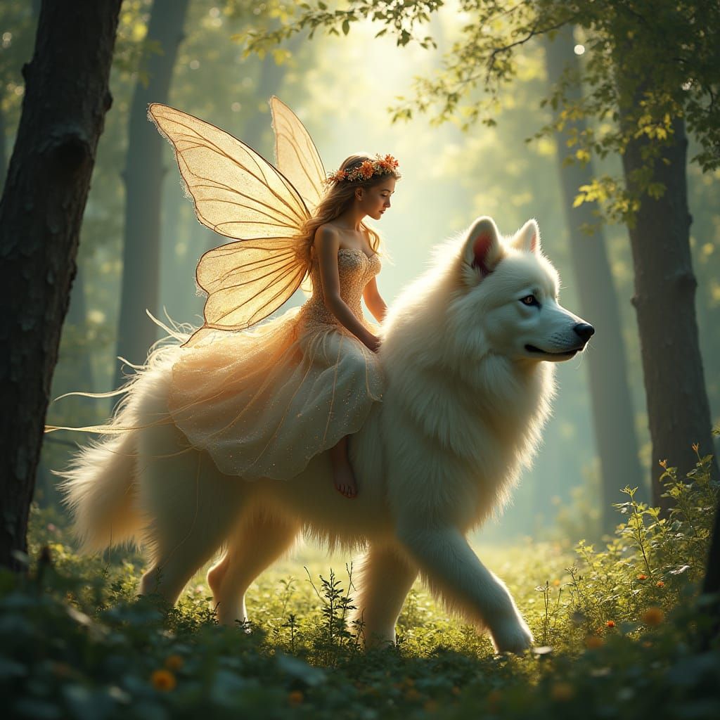 Whimsical Fairy Rides Samoyed Dog through Enchanted Forest i...