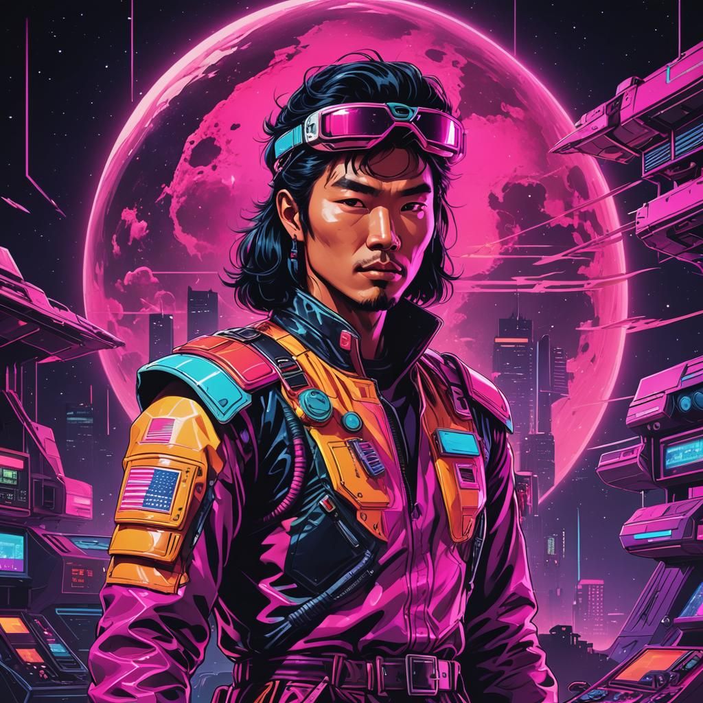 East Asian Space Cowboy in Synthwave Neon Style