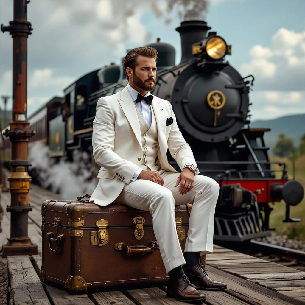 Steampunk Gentleman Awaiting a Steam Train