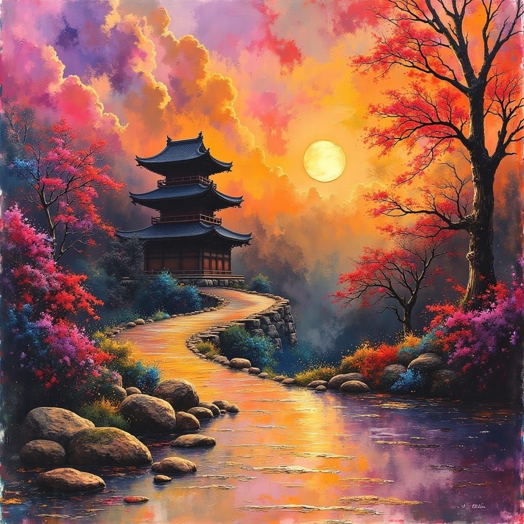 Japanese Country Temple at Sunset in Abstract Watercolor Sty...