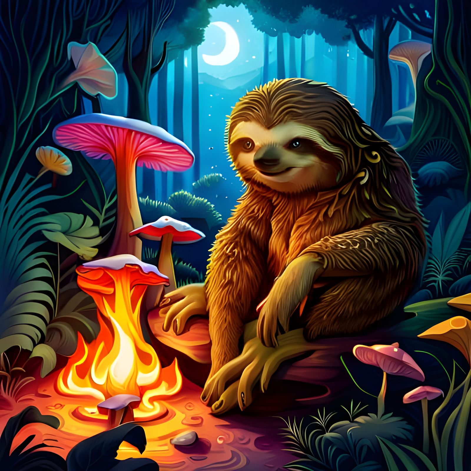 Sloth on Mushroom in Fairytale Illustration