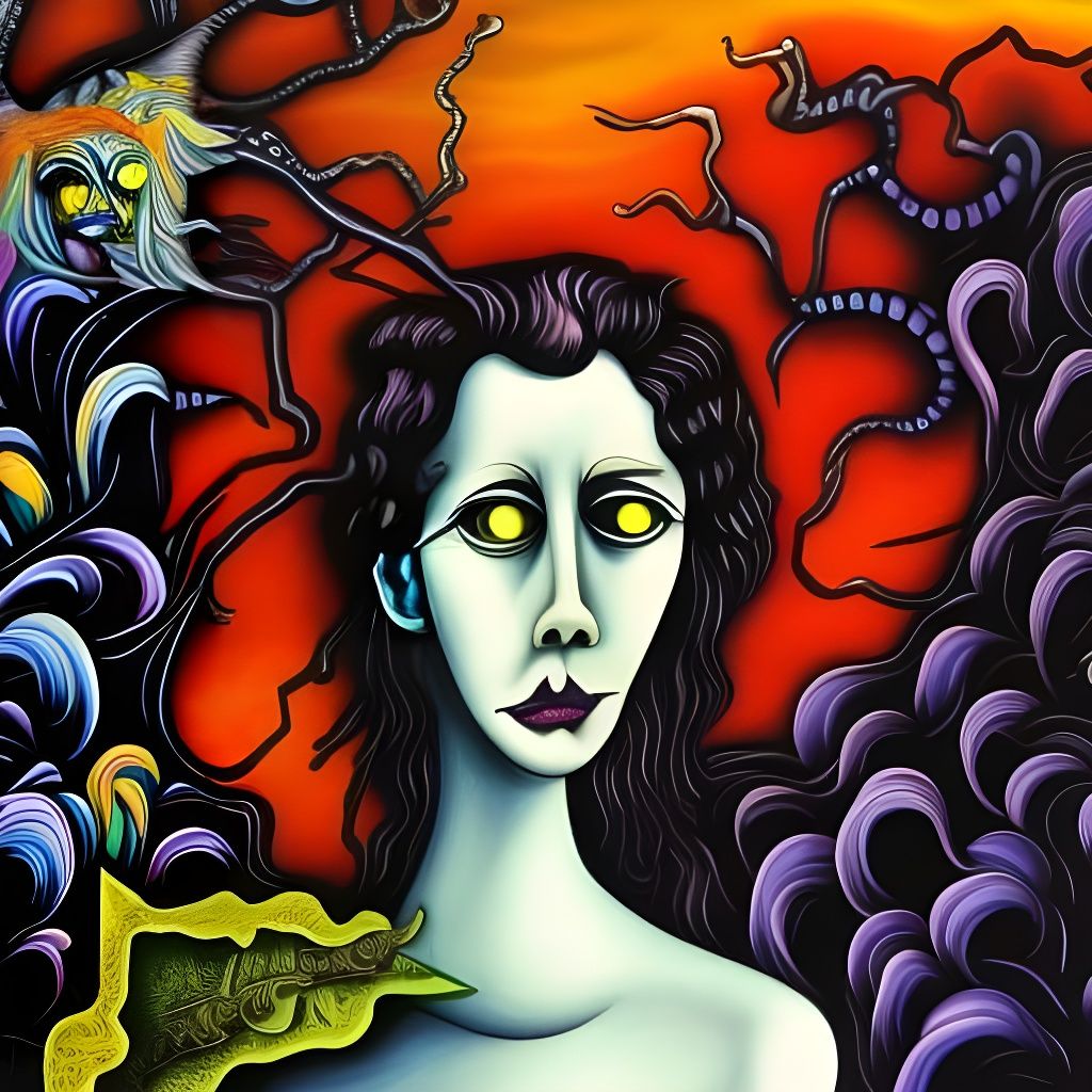 Adam and Eve: Tim Burton-esque Retrofuturist Painting