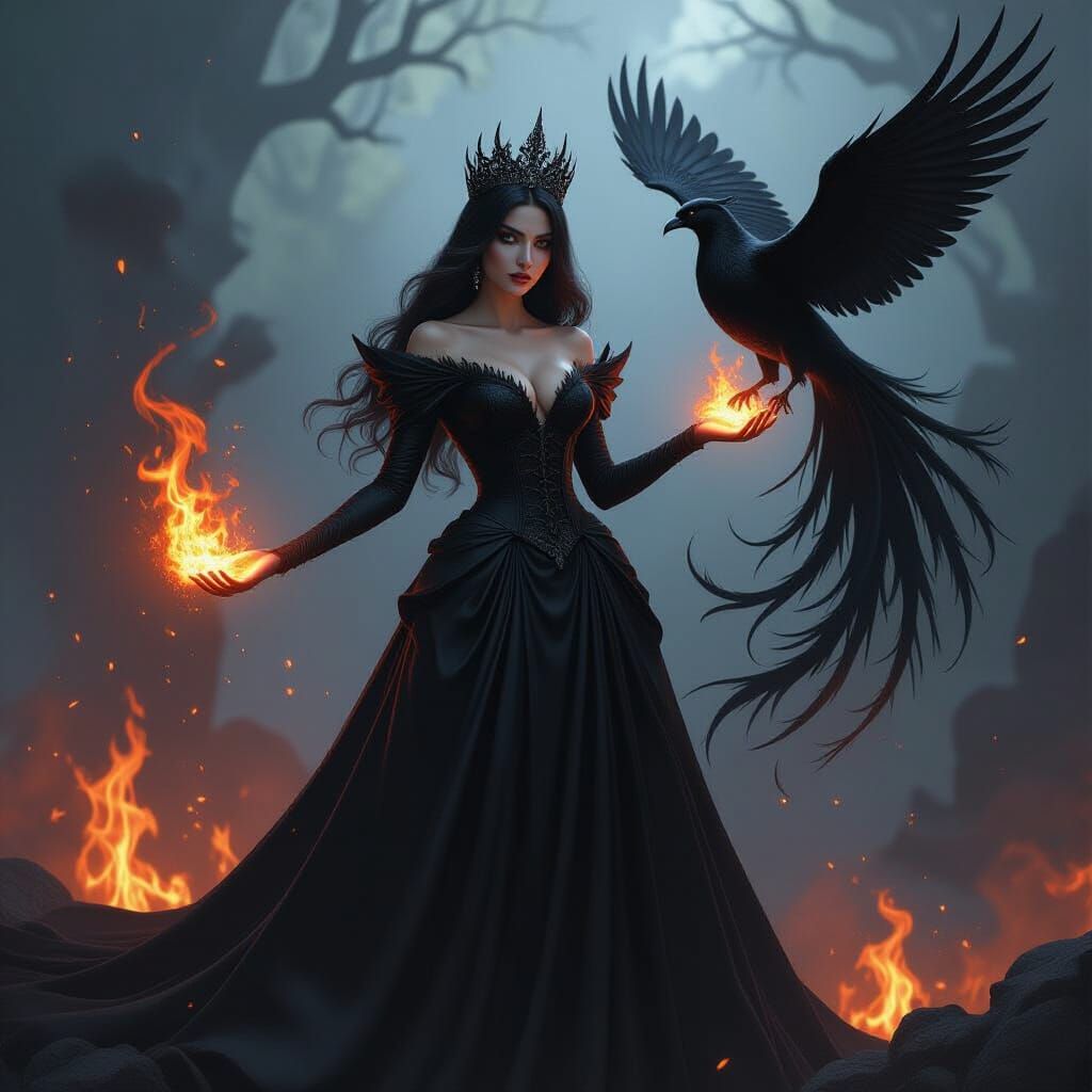 Dark Fire Queen with Phoenix in Ominous Style