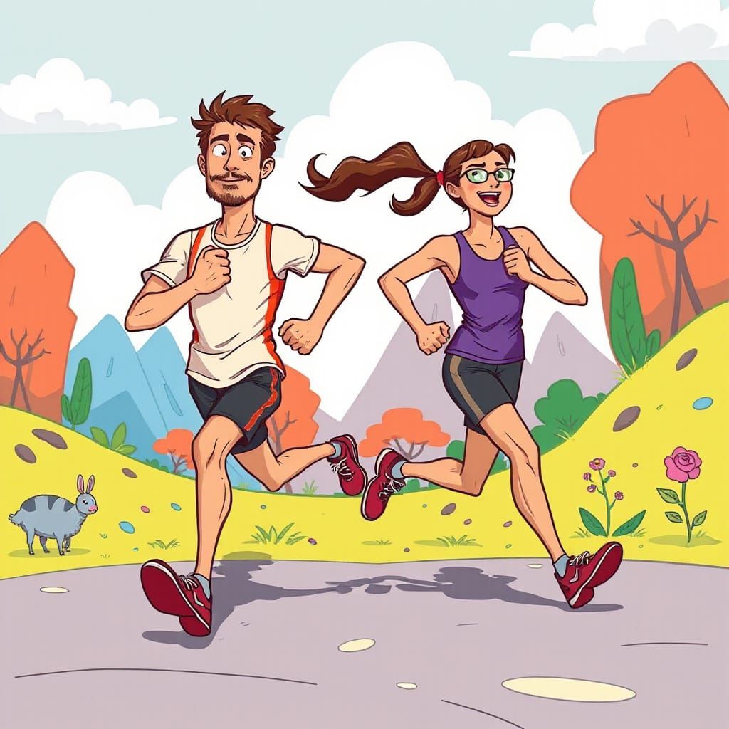 Runners Collide in Whimsical Cartoon Landscape
