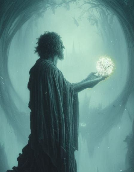 Dark Wizard With Orb in Moonlit Forest